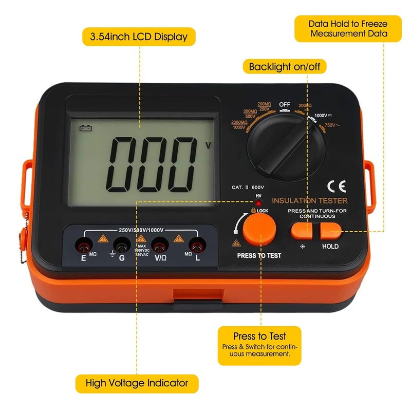 BTMETER Megohmmeter 1000V Insulation Resistance Tester, Electrical Megaohm Meter 200MΩ~2K Megohm Megger with 250V/500V/1000V Testing Voltage, Digital Multimeter Measure AC DC Voltage - Image 5