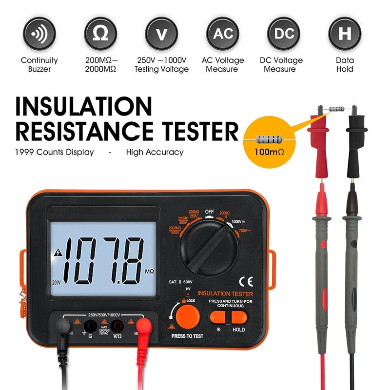 BTMETER Megohmmeter 1000V Insulation Resistance Tester, Electrical Megaohm Meter 200MΩ~2K Megohm Megger with 250V/500V/1000V Testing Voltage, Digital Multimeter Measure AC DC Voltage - Image 2