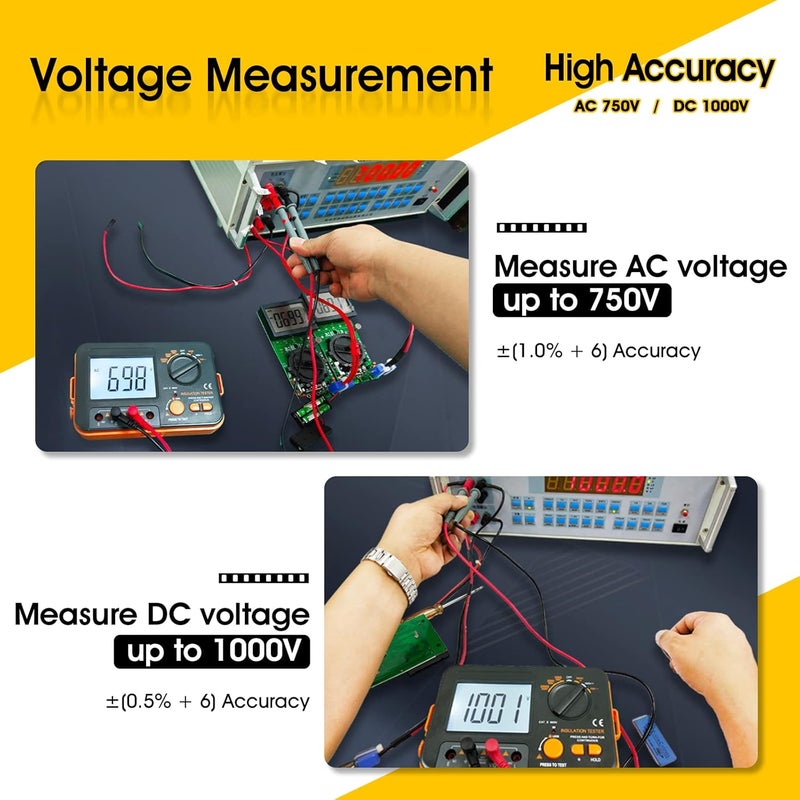 BTMETER Megohmmeter 1000V Insulation Resistance Tester, Electrical Megaohm Meter 200MΩ~2K Megohm Megger with 250V/500V/1000V Testing Voltage, Digital Multimeter Measure AC DC Voltage - Image 4