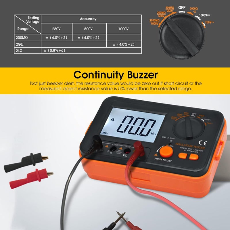 BTMETER Megohmmeter 1000V Insulation Resistance Tester, Electrical Megaohm Meter 200MΩ~2K Megohm Megger with 250V/500V/1000V Testing Voltage, Digital Multimeter Measure AC DC Voltage - Image 3