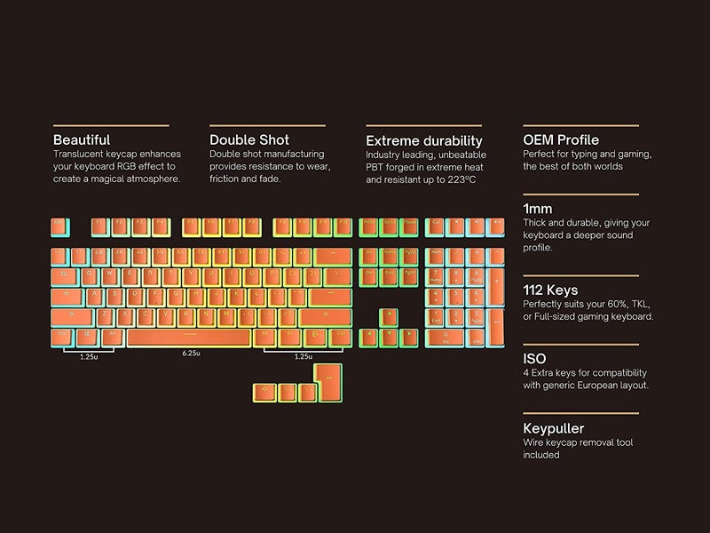 Tobo Pudding PBT Keycaps | 129 Double Shot Translucent ANSI US & ISO Layout | OEM Profile for RGB Mechanical Gaming Keyboard (Orange) - Image 5