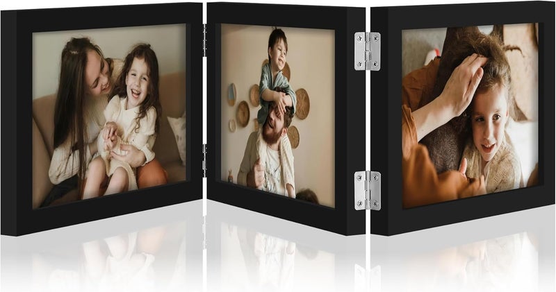 decorUhome Triple 7x5 Picture Frame Horizontal, Engineered Wood Trifold Photo Frame with Plexiglass for Tabletop Display, 7x5, Black - Image 1