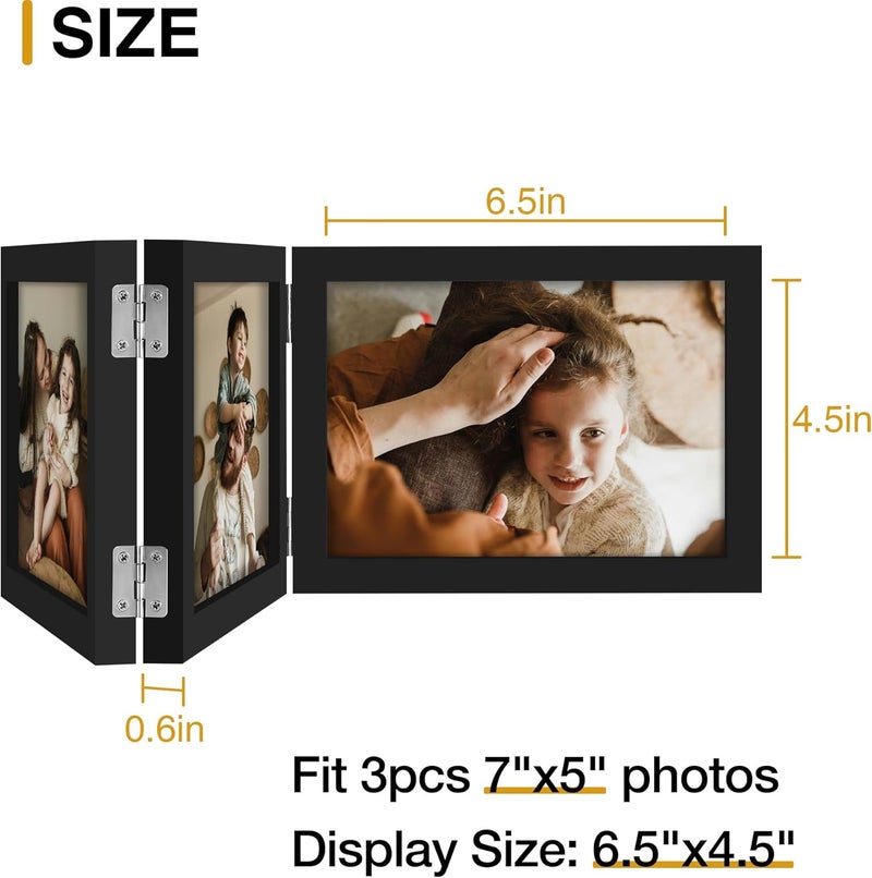 decorUhome Triple 7x5 Picture Frame Horizontal, Engineered Wood Trifold Photo Frame with Plexiglass for Tabletop Display, 7x5, Black - Image 4