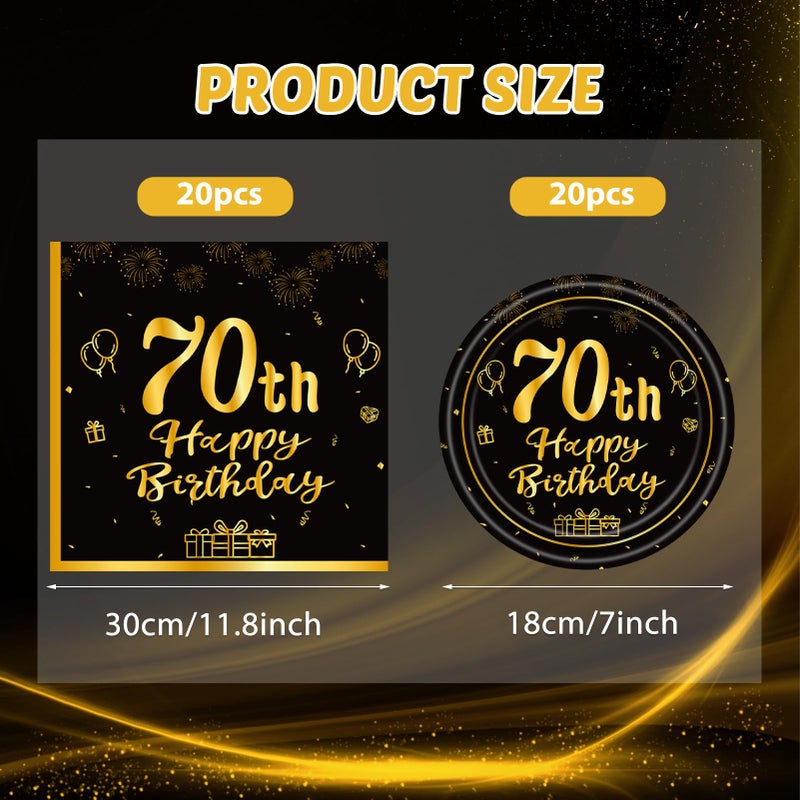 KHAIVI 40PCS 70th Birthday Decorations,70th Party Tableware Set Paper Plate Napkin,Black Gold Vintage 1956 Aged to Perfection Table Party Supplies, 70 Year Old Birthday Party Decor for Women Men - Image 4