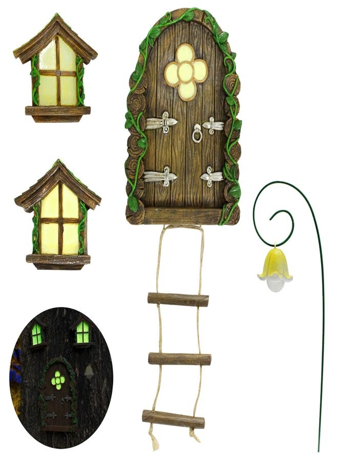IMOFEE Fairy Door and Windows Garden Kit Accessories Outdoor, Glow in Dark Gnome House for Tree, Lawn Yard Art Sculpture, Miniature Garden Decor (Ladder) - Image 1