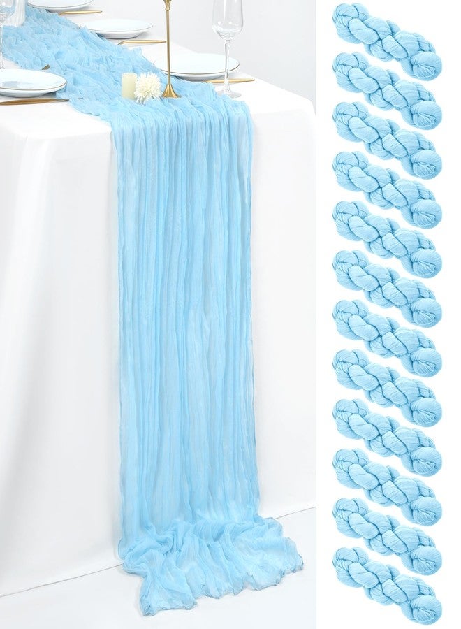 fani 12 Pack 10Ft Baby Blue Cheesecloth Table Runner 35 x 120 inch Boho Gauze Cheese Cloth Table Runner Vintage Rustic Sheer Runners for Wedding Bridal Shower Birthday Party Cake Table Decorations - Image 1