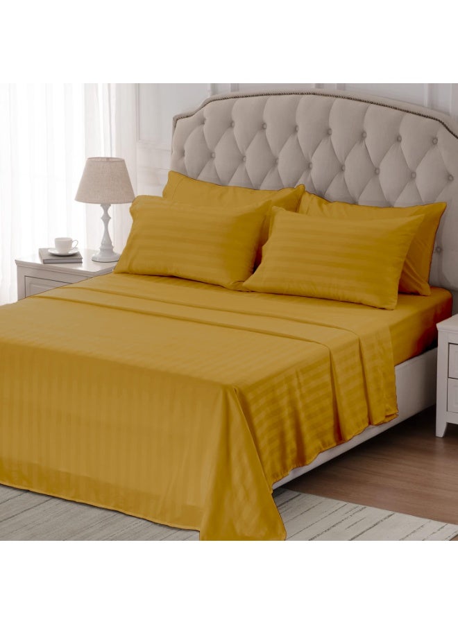 إي وورلد طقم فخم من أربع قطع لمفرش سرير سوبر كينغ مخطط باللون الذهبي (شرشف مسطح 280×280 سم، شرشف مشدود 200×200+30 سم، غطاء وسادتين 50×75 سم) – ميكروفايبر فاخر، راحة على طراز الفنادق - Image 2