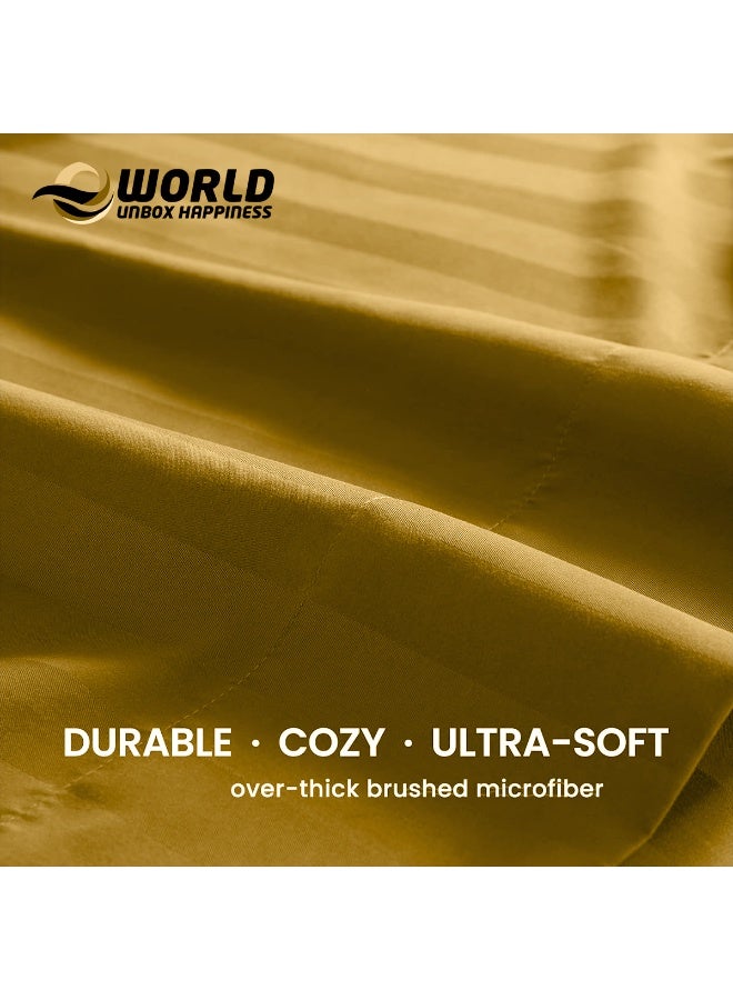 إي وورلد طقم فخم من أربع قطع لمفرش سرير سوبر كينغ مخطط باللون الذهبي (شرشف مسطح 280×280 سم، شرشف مشدود 200×200+30 سم، غطاء وسادتين 50×75 سم) – ميكروفايبر فاخر، راحة على طراز الفنادق - Image 4