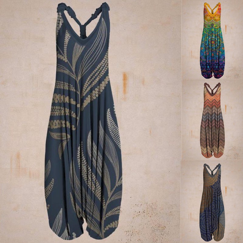 Cross-border 2022 new women's ethnic print loose large size harem pants beach suspender jumpsuit L suit 2 - Image 2