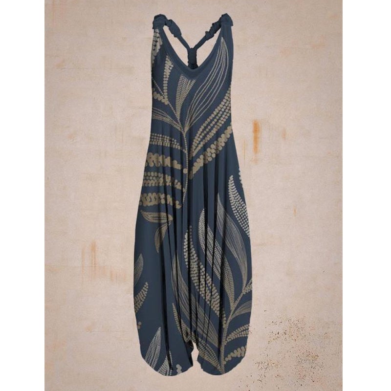 Cross-border 2022 new women's ethnic print loose large size harem pants beach suspender jumpsuit L suit 2 - Image 5