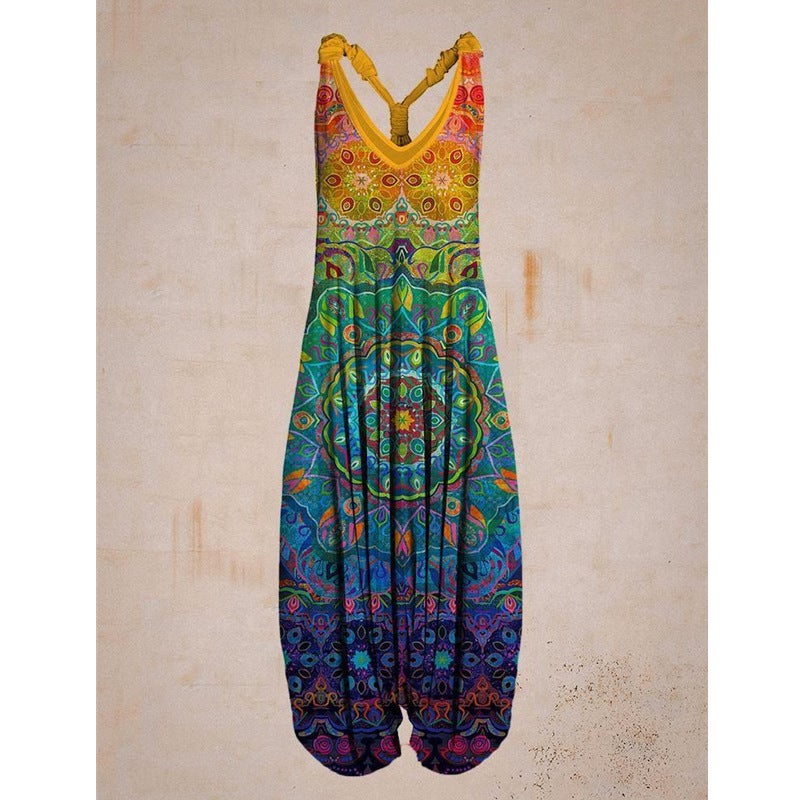 Cross-border 2022 new women's ethnic print loose large size harem pants beach suspender jumpsuit L suit 2 - Image 3