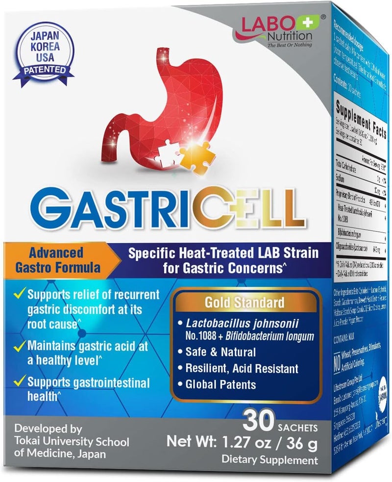 LABO Nutrition GASTRICELL - يعالج H. Pylori، ارتجاع الحمض، حرقة المعدة - دفاع طبيعي ضد الاضطرابات المعدية، 30 كيس