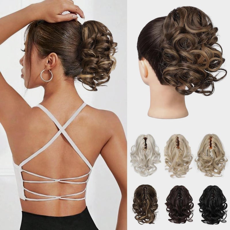 REECHO Ponytail Extension, 9" Claw Clip in Short Curly Wavy Pony Hair Extension Jaw Clip on Pony Tail HP001 Hairpiece for Women - Chestnut Brown with Golden Highlights - Image 1