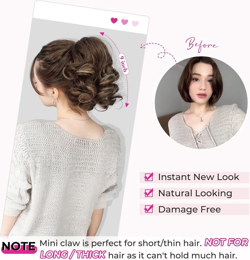 REECHO Ponytail Extension, 9" Claw Clip in Short Curly Wavy Pony Hair Extension Jaw Clip on Pony Tail HP001 Hairpiece for Women - Chestnut Brown with Golden Highlights - Image 3