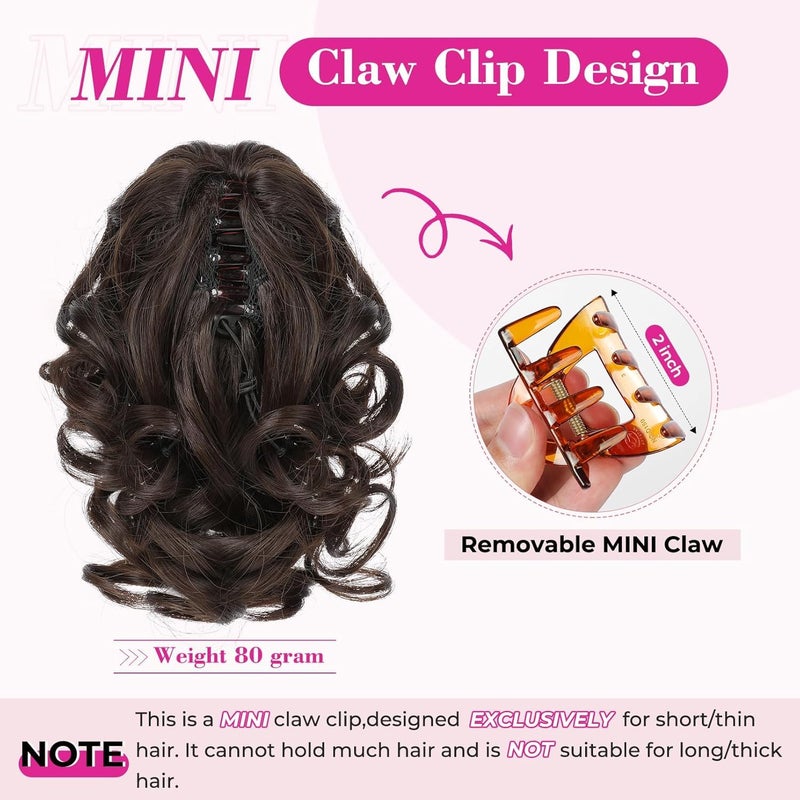 REECHO Ponytail Extension, 9" Claw Clip in Short Curly Wavy Pony Hair Extension Jaw Clip on Pony Tail HP001 Hairpiece for Women - Chestnut Brown with Golden Highlights - Image 4