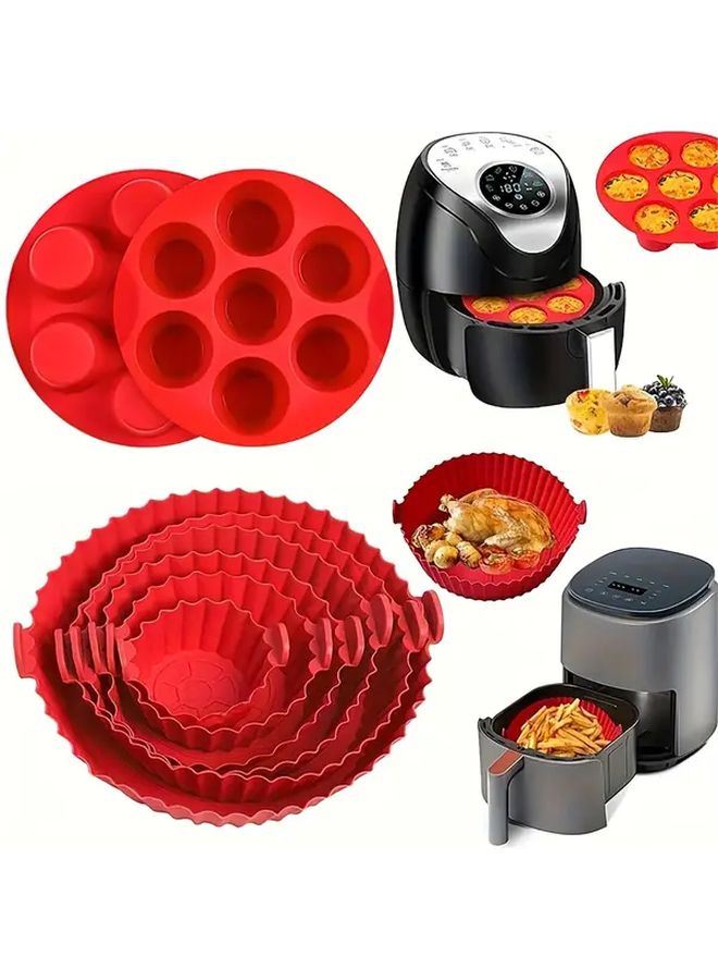 Red Silicone Air Fryer Liners Set 6 Mats 1 Cake Mold Heat Resistant Reusable - Image 1
