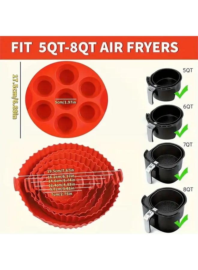 Red Silicone Air Fryer Liners Set 6 Mats 1 Cake Mold Heat Resistant Reusable - Image 2