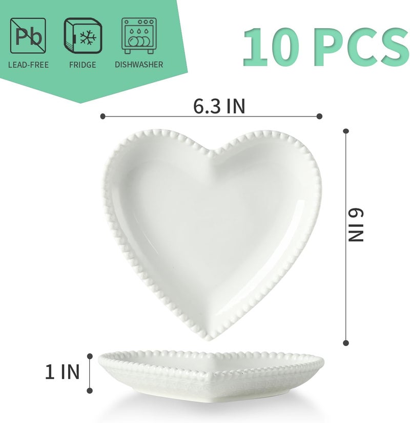 OMAYKEY 63 Inch Ceramic Dessert Plates Set of 10 Small Salad Plates Porcelain Heart Shaped Appetizer Plates Dinner Plates for Cake Snack Ice Cream Microwave Oven Dishwasher Safe White - Image 3