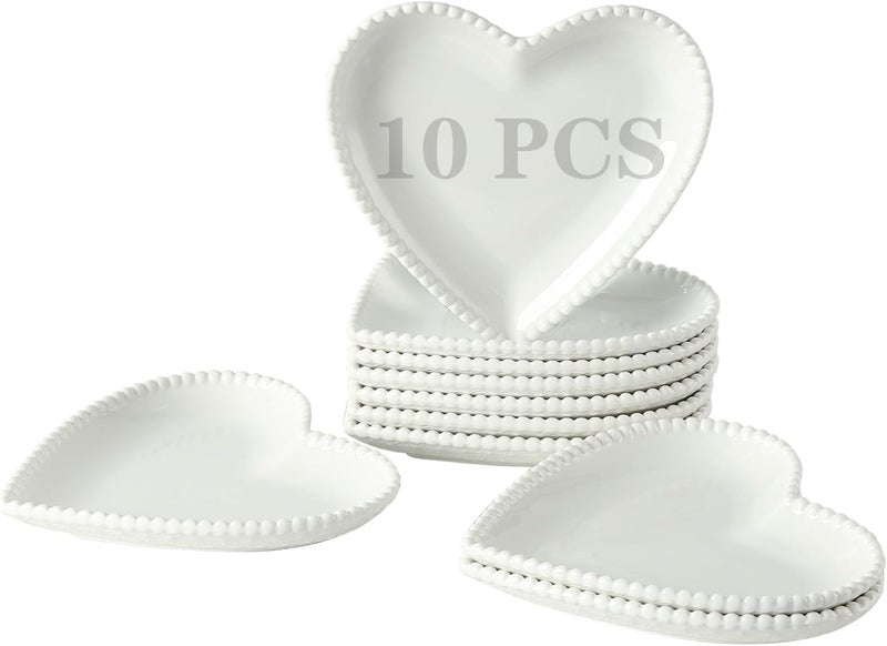 OMAYKEY 63 Inch Ceramic Dessert Plates Set of 10 Small Salad Plates Porcelain Heart Shaped Appetizer Plates Dinner Plates for Cake Snack Ice Cream Microwave Oven Dishwasher Safe White - Image 1