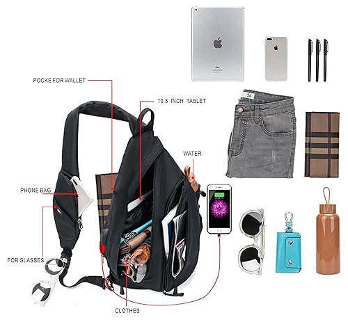 TurnWay Water-Proof Sling bag/Crossbody Backpack/Shoulder Bag with USB Charging Port for Travel, Hiking, Cycling, Camping (BLACK) - Image 4