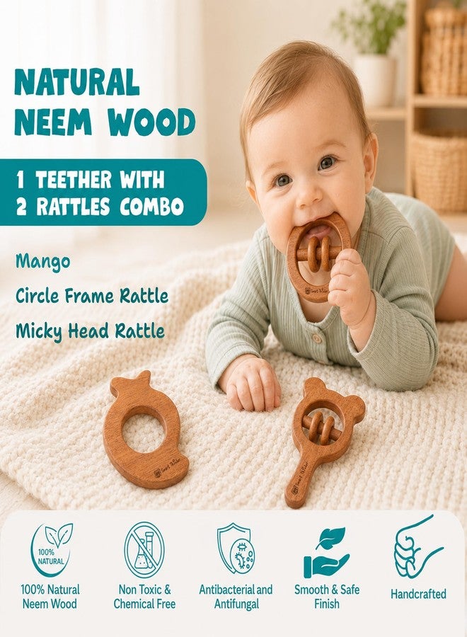 SMARTTHINKER Neem Wood Baby Activity Combo Set | 2 Wooden Rattle Toys with 1 Teether for Newborn Infants & Toddlers | Sensory Play Accessories for Babies 0-12 Months | Pack of 3 (Mango + Circle Frame Rattle + Micky Head Rattle) - Image 2
