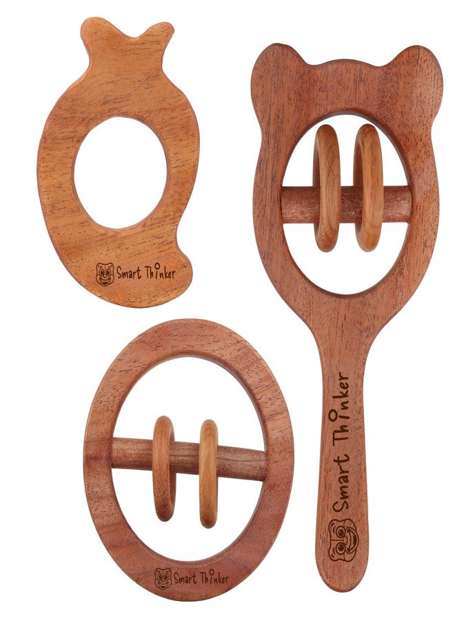 SMARTTHINKER Neem Wood Baby Activity Combo Set | 2 Wooden Rattle Toys with 1 Teether for Newborn Infants & Toddlers | Sensory Play Accessories for Babies 0-12 Months | Pack of 3 (Mango + Circle Frame Rattle + Micky Head Rattle) - Image 1