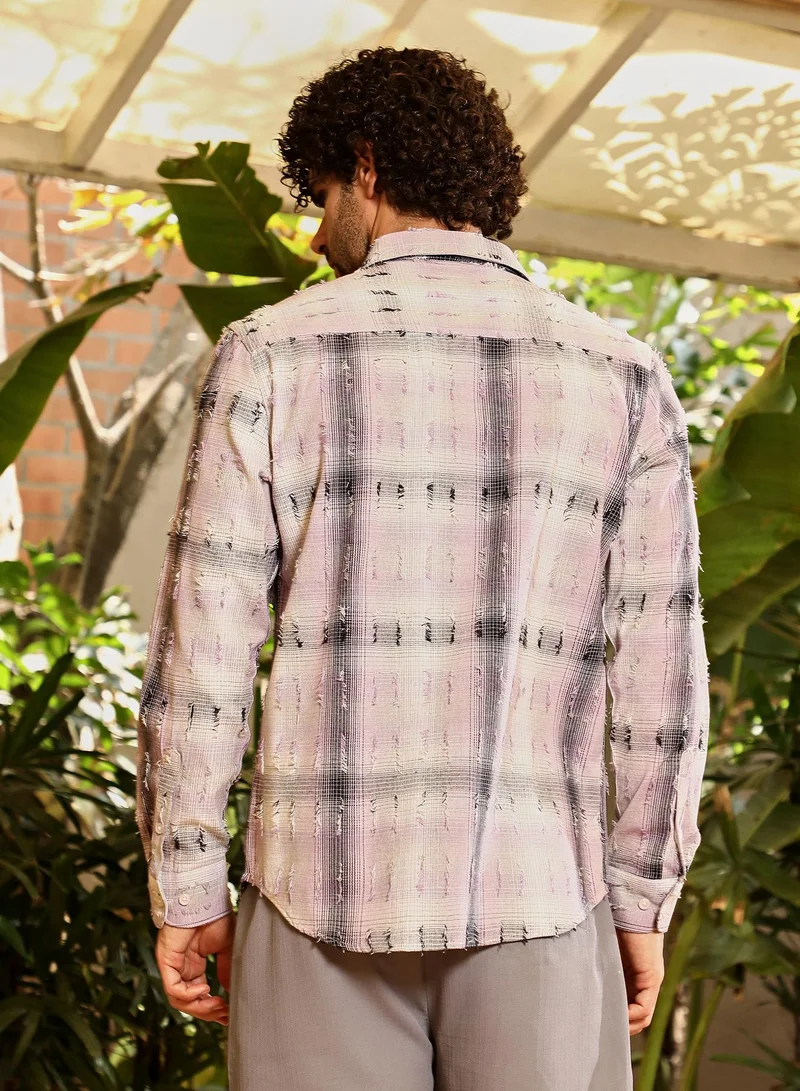 Campus Sutra Men's Lilac & Onyx Black Distressed-Check Shirt