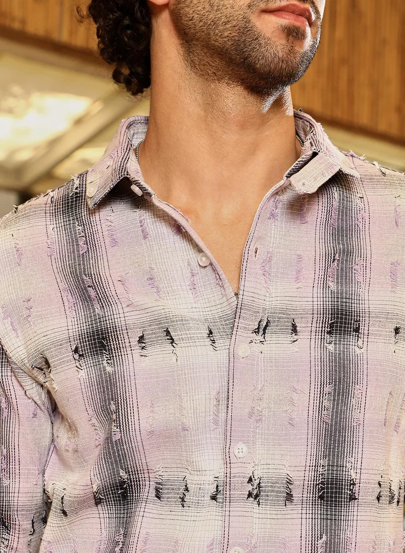 Campus Sutra Men's Lilac & Onyx Black Distressed-Check Shirt