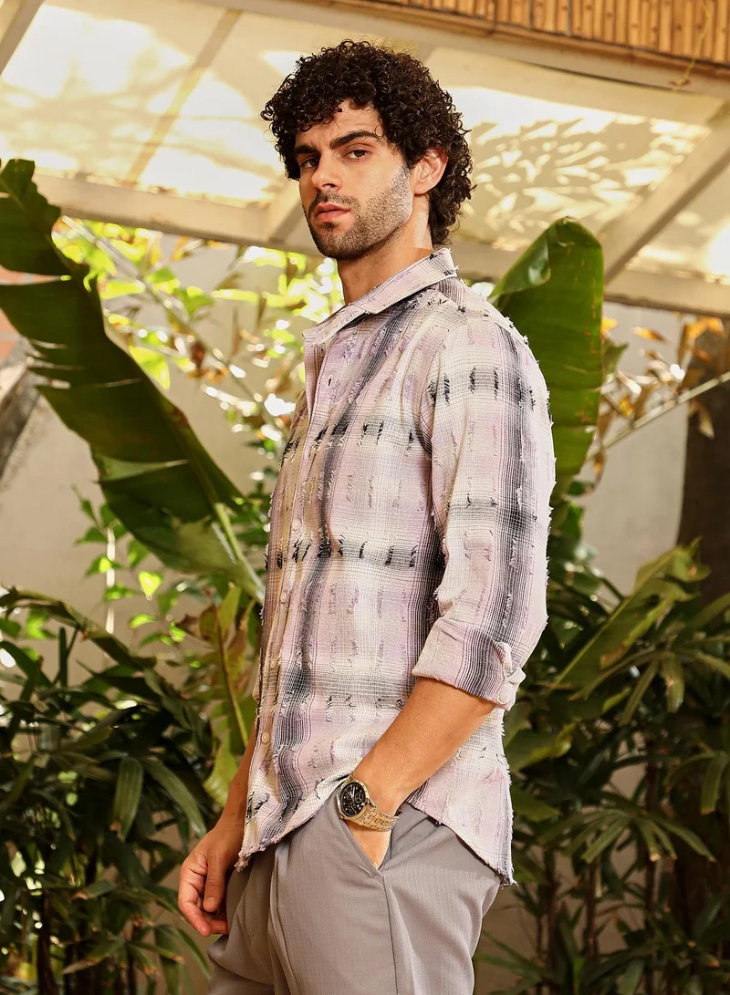 Campus Sutra Men's Lilac & Onyx Black Distressed-Check Shirt
