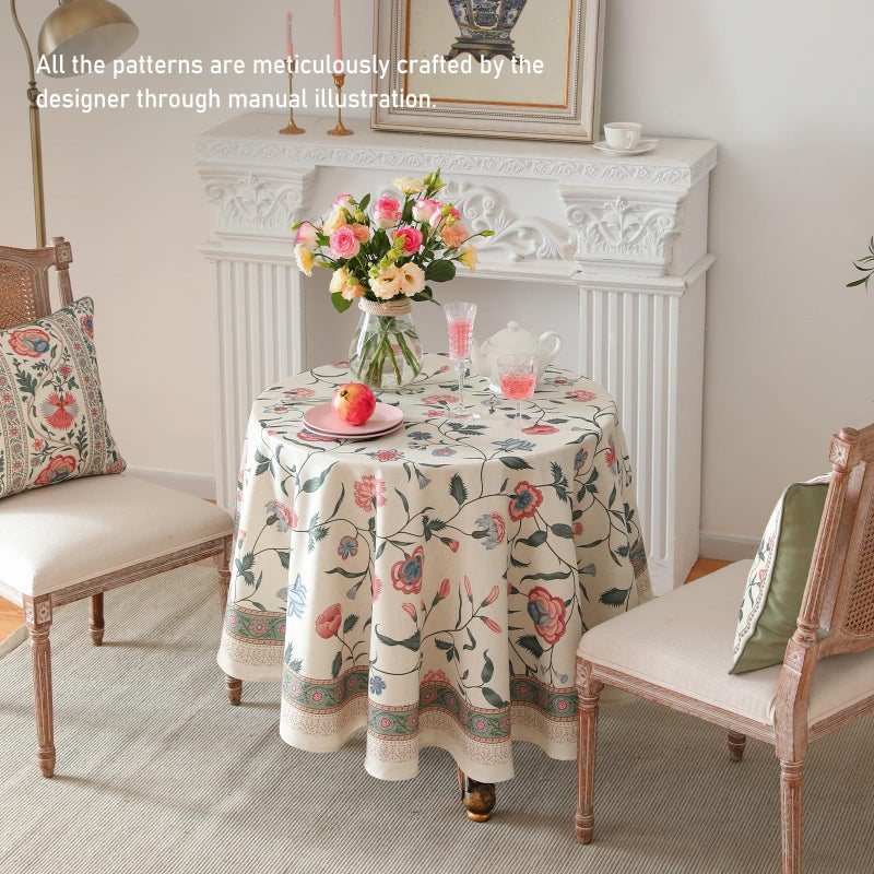 Isaenne Designer Chinoiserie Linen Floral Round Tablecloth White Wrinkle Resistant Table Cloth Elegant Decor Tablecloths For Dining Thanksgiving Kitchen Party Christmas Diameter 67""-Daffy - Image 5
