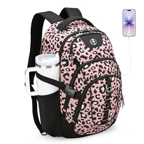 Swissdigital Laptop Backpack with USB Charging Port, Travel Backpack Fits 15.6 inches Computer, 31L Backpack for Women, Pink Leopard | SD803-102 - Image 1
