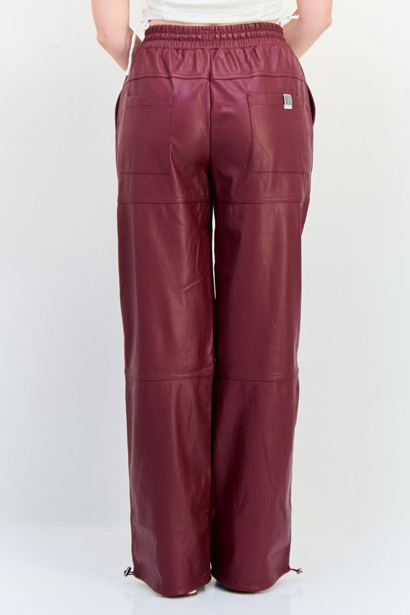 The Giving Movement Women Regular Fit Plain Leather Jogger Pants, Maroon  - Image 4
