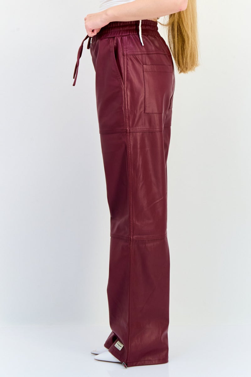 The Giving Movement Women Regular Fit Plain Leather Jogger Pants, Maroon  - Image 2