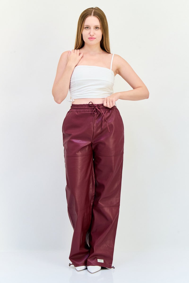 The Giving Movement Women Regular Fit Plain Leather Jogger Pants, Maroon  - Image 3