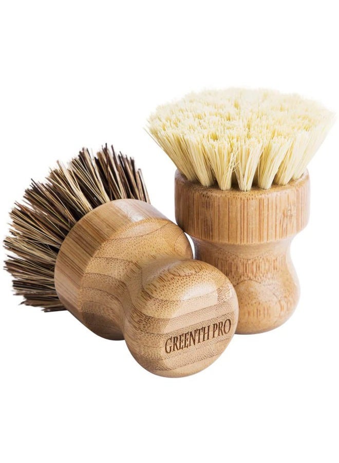 GREENTH PRO Palm Pot Brush- Bamboo Round 3 Packs Mini Dish Brush Natural Scrub Brush Durable Scrubber Cleaning Kit with Union Fiber and Tampico Fiber for Cleaning Pots, Pans and Vegetables - Image 2