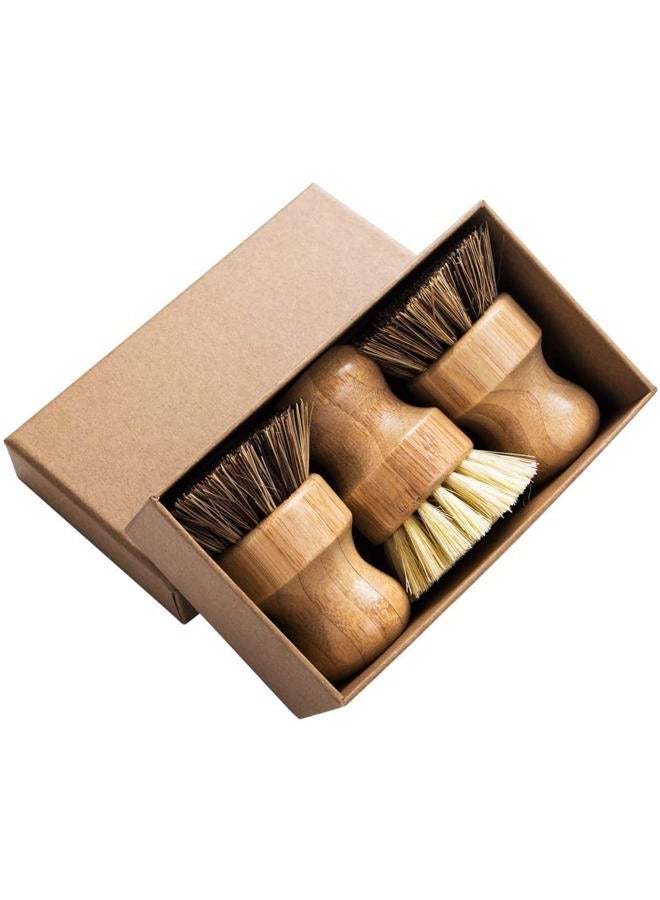 GREENTH PRO Palm Pot Brush- Bamboo Round 3 Packs Mini Dish Brush Natural Scrub Brush Durable Scrubber Cleaning Kit with Union Fiber and Tampico Fiber for Cleaning Pots, Pans and Vegetables - Image 1