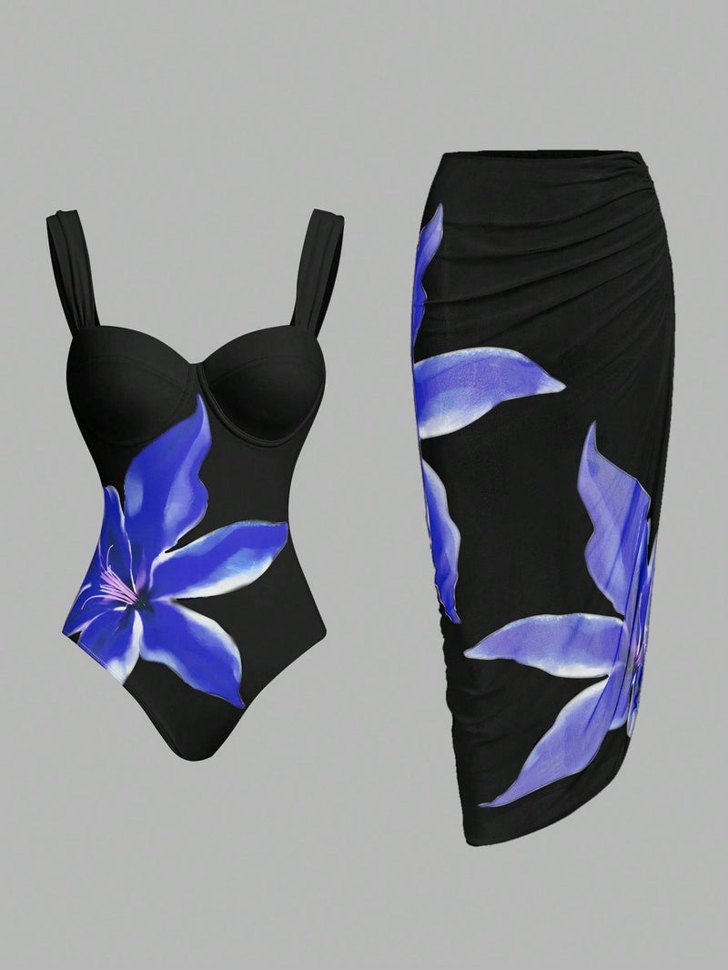 2025 Trend Printed Neck Suspender Bikini Conjoined Lace Spring - Image 1