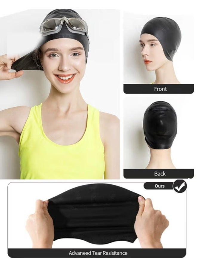 واي جيه قبعة سباحة سيليكون للرجال والنساء ، قبعة سباحة متينة ومرنة وصديقة للبشرة للشعر الطويل والقصير ، تحمي أذنيك وشعرك ، تصميم مريح مع جيب حماية للأذن ، 1 قطعة أسود - Image 4