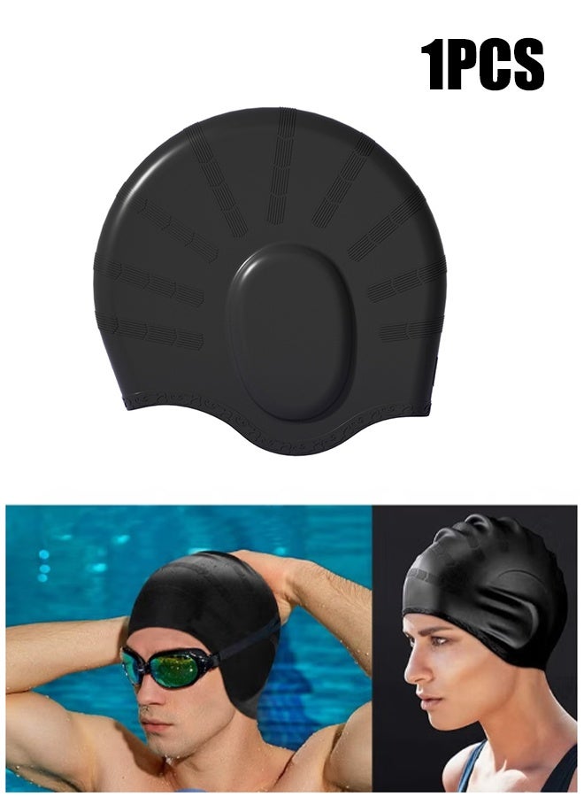 واي جيه قبعة سباحة سيليكون للرجال والنساء ، قبعة سباحة متينة ومرنة وصديقة للبشرة للشعر الطويل والقصير ، تحمي أذنيك وشعرك ، تصميم مريح مع جيب حماية للأذن ، 1 قطعة أسود - Image 1