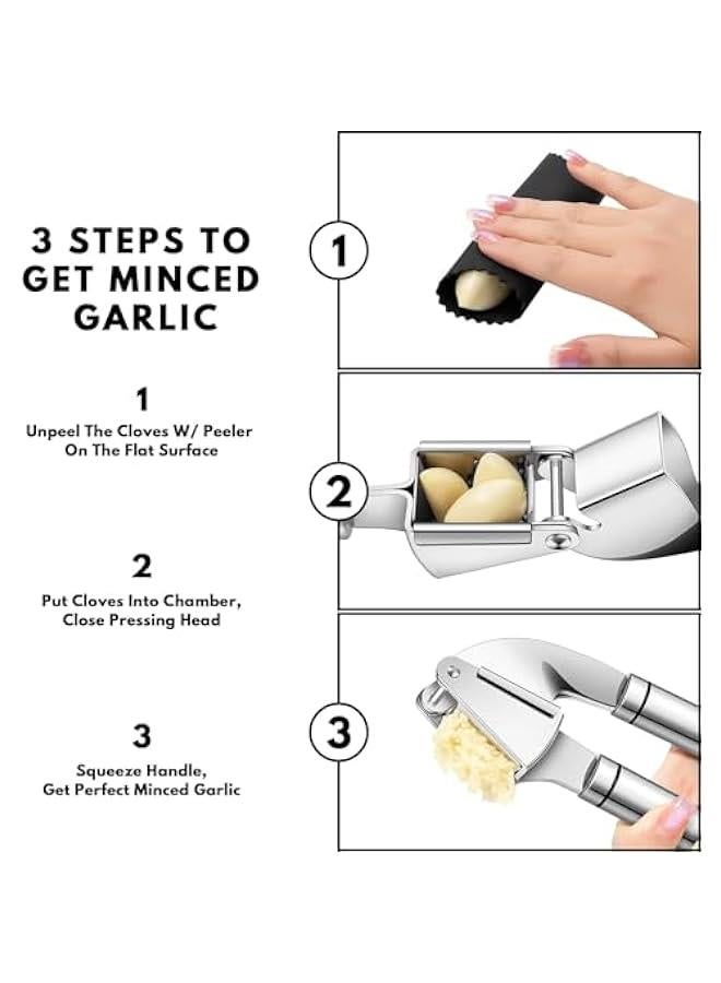 HOOKOR Premium Garlic Press Stainless Steel, Garlic Mincer Tool, Garlic Crusher Tool, Garlic Smasher Garlic Masher Includes Silicone Garlic Peeler & Cleaning Brush, Dishwasher Safe, Silver  - Image 5