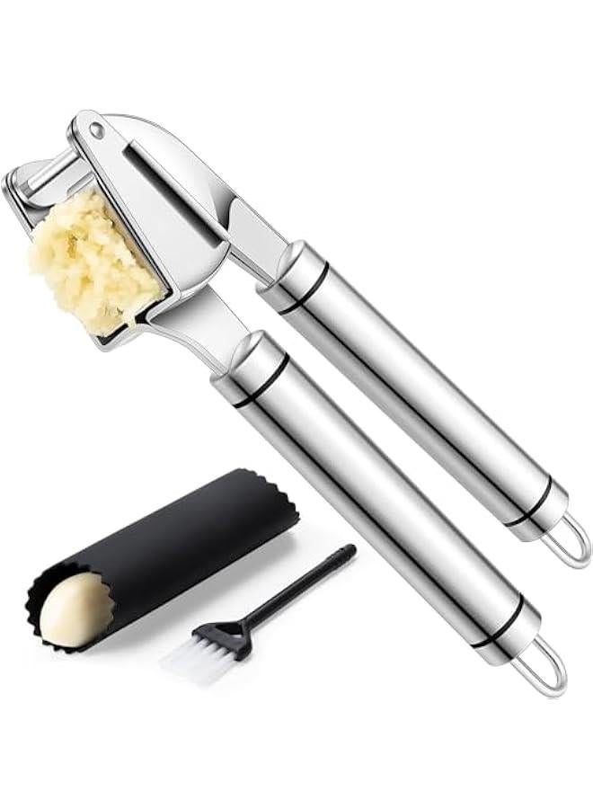 HOOKOR Premium Garlic Press Stainless Steel, Garlic Mincer Tool, Garlic Crusher Tool, Garlic Smasher Garlic Masher Includes Silicone Garlic Peeler & Cleaning Brush, Dishwasher Safe, Silver  - Image 1