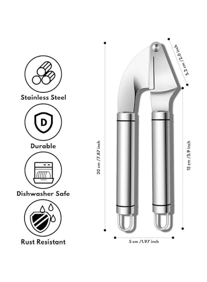 HOOKOR Premium Garlic Press Stainless Steel, Garlic Mincer Tool, Garlic Crusher Tool, Garlic Smasher Garlic Masher Includes Silicone Garlic Peeler & Cleaning Brush, Dishwasher Safe, Silver  - Image 2