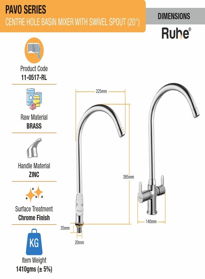 Ruhe® Pavo Centre Hole Basin Mixer with Swivel Spout Faucet/Tap | 20 Inches Spout brass Faucet/Tap with Chrome Finish for Kitchen Sinks & Washbasins - Image 2