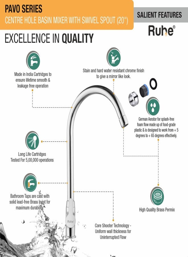 Ruhe® Pavo Centre Hole Basin Mixer with Swivel Spout Faucet/Tap | 20 Inches Spout brass Faucet/Tap with Chrome Finish for Kitchen Sinks & Washbasins - Image 5