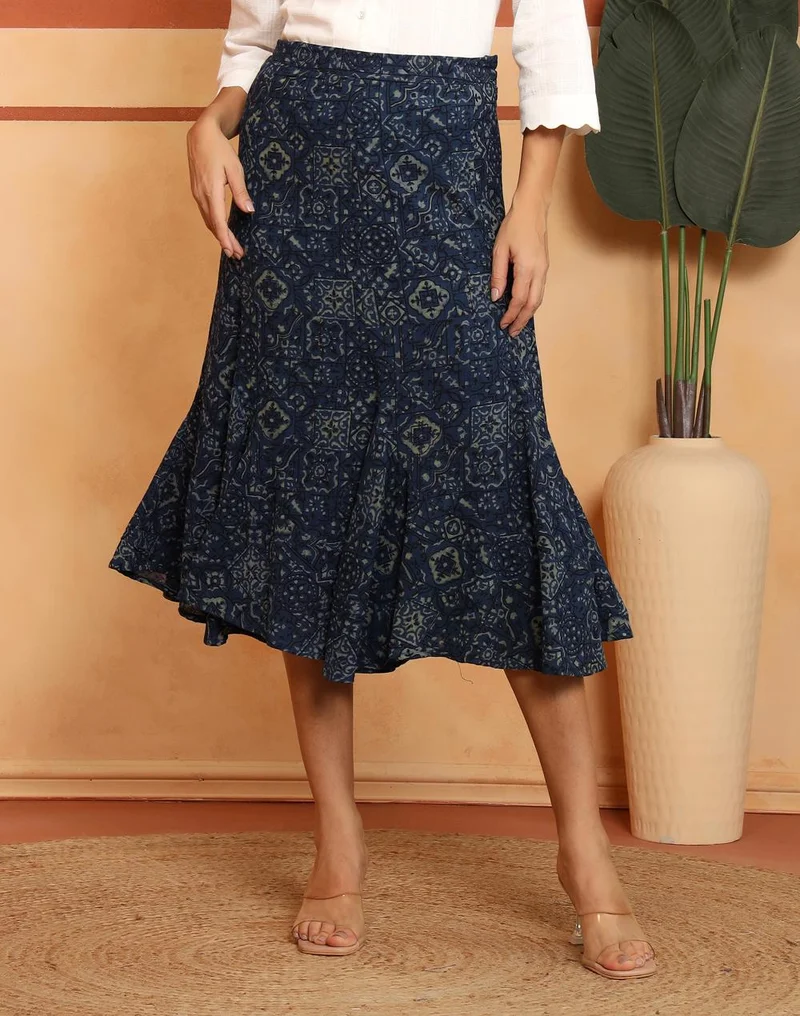 Fabindia  Indigo Cotton Geometric Skirt Midi for Women | Best Price UAE