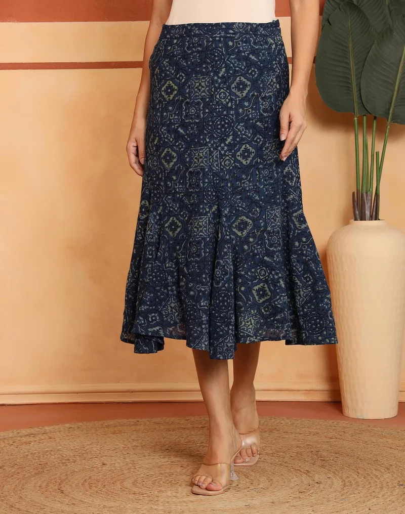 Fabindia  Indigo Cotton Geometric Skirt Midi for Women | Best Price UAE