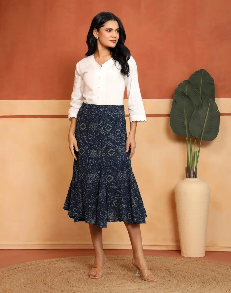 Fabindia  Indigo Cotton Geometric Skirt Midi for Women | Best Price UAE