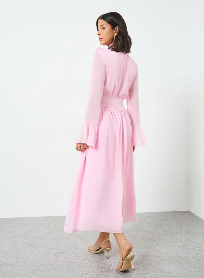 Styli  Pink Corsage Detail Midi Dress with Bell Sleeves for Women | Best Price UAE