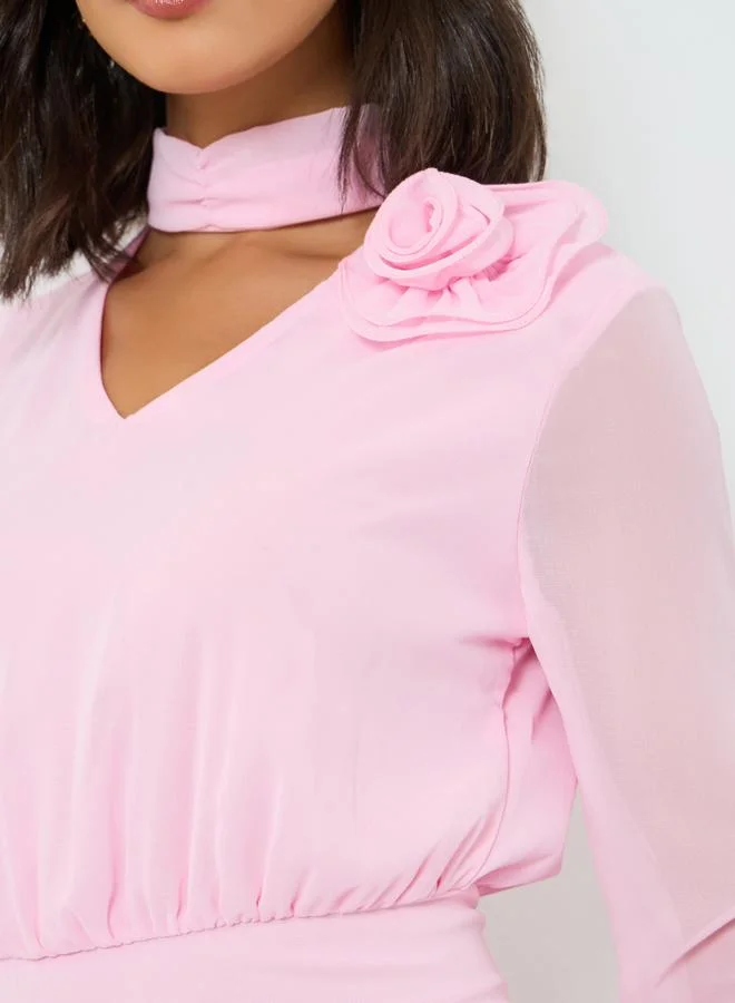 Styli  Pink Corsage Detail Midi Dress with Bell Sleeves for Women | Best Price UAE