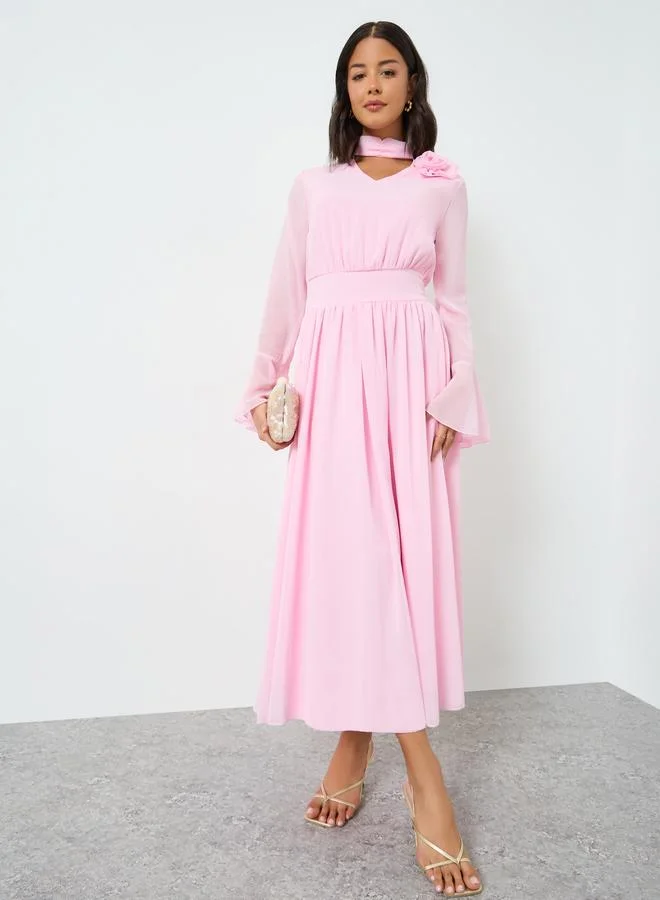 Styli  Pink Corsage Detail Midi Dress with Bell Sleeves for Women | Best Price UAE